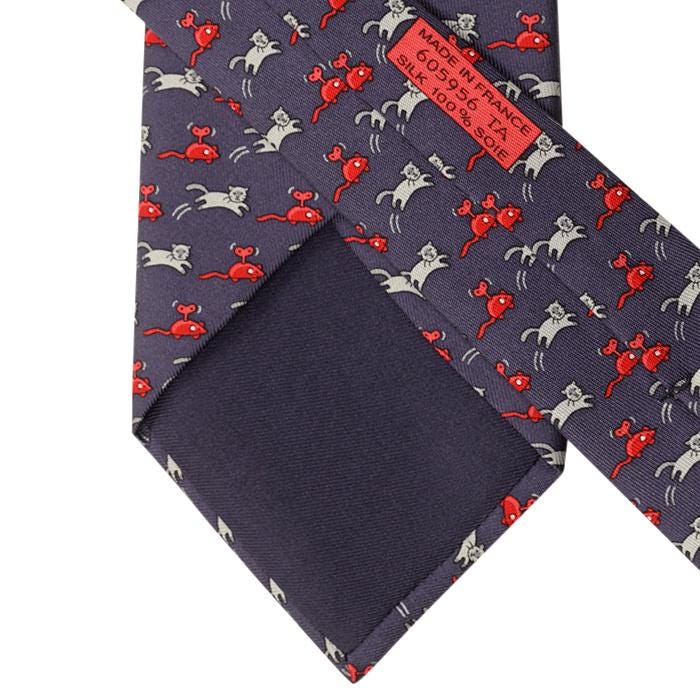 Hermes Men's Silk Tie Whimsical Cat and Wind-Up Mouse Pattern 605956 | Necktie Cravate