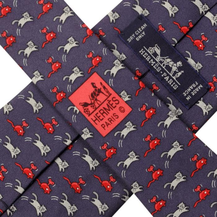 Hermes Men's Silk Tie Whimsical Cat and Wind-Up Mouse Pattern 605956 | Necktie Cravate