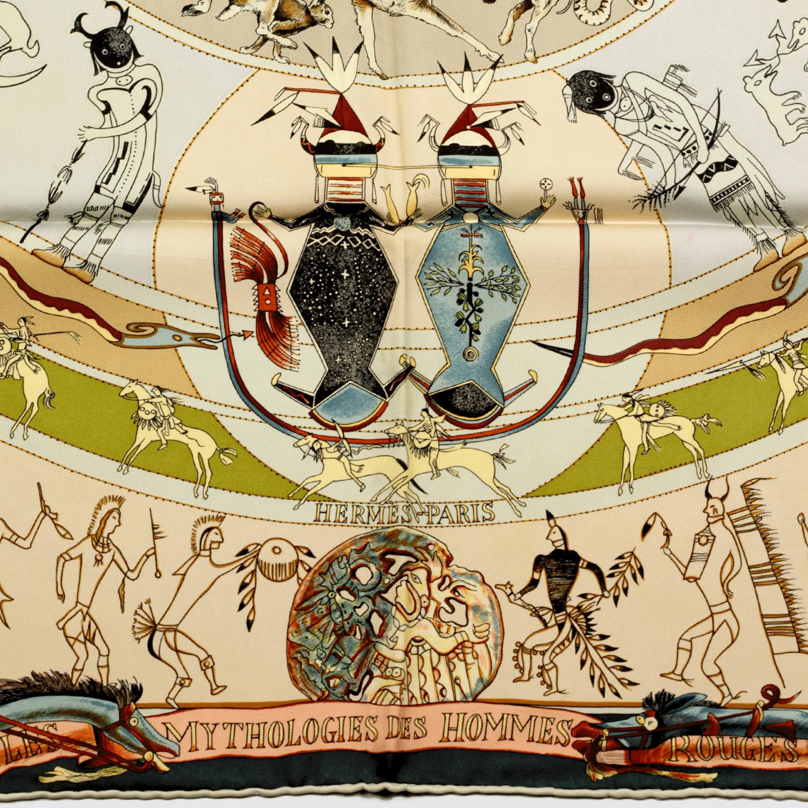 Hermes Scarf "Mythologies des Hommes Rouges" by Kermit Oliver 90cm Silk | GRAIL Carre Foulard