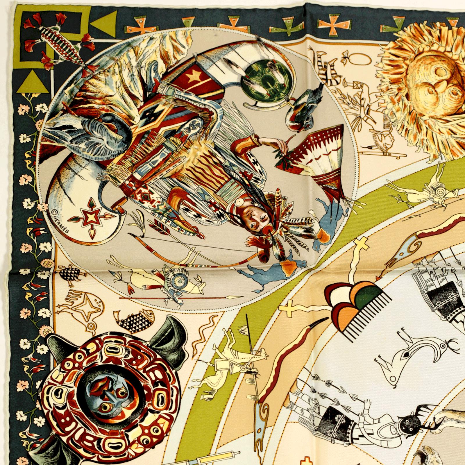 Hermes Scarf "Mythologies des Hommes Rouges" by Kermit Oliver 90cm Silk | GRAIL Carre Foulard