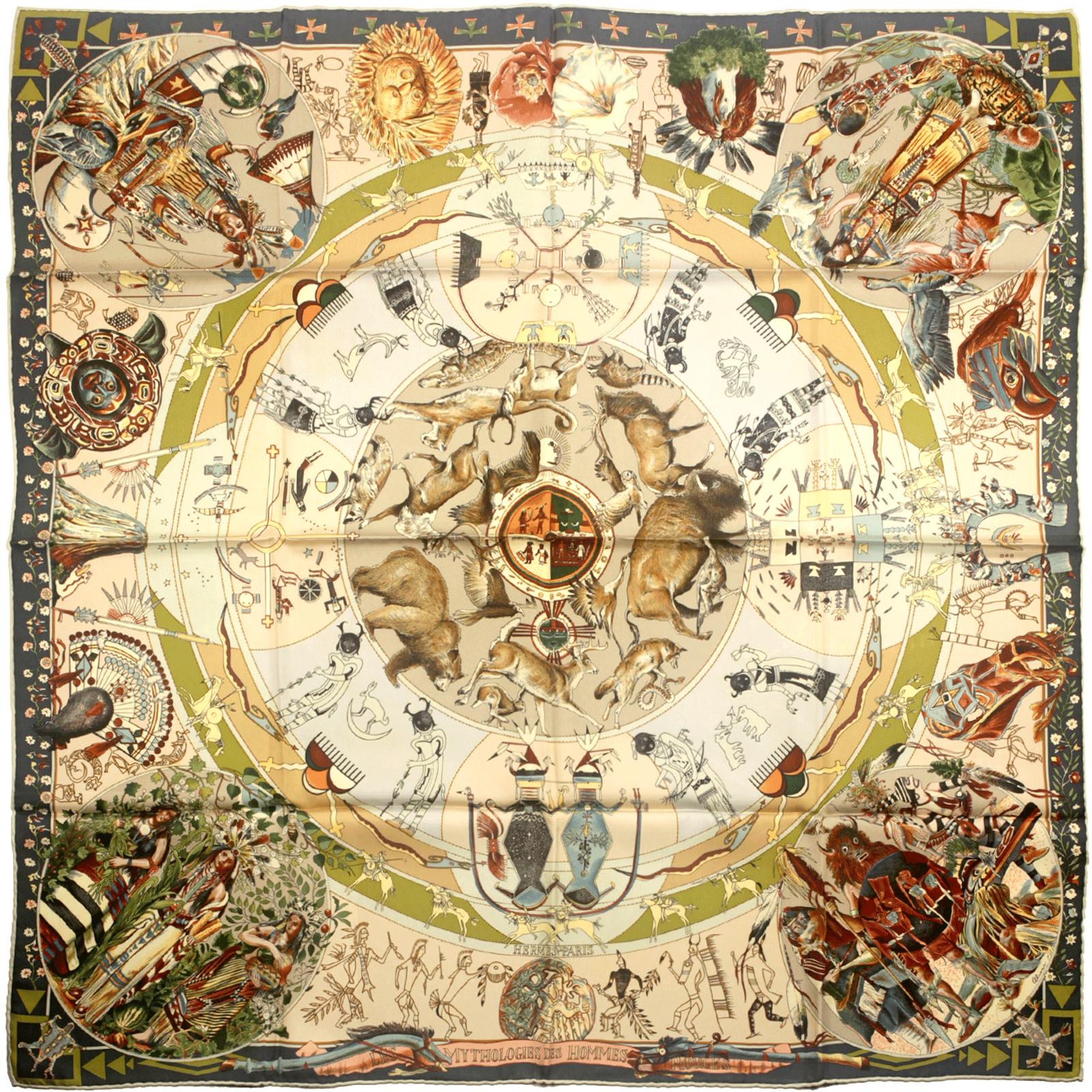 Hermes Scarf "Mythologies des Hommes Rouges" by Kermit Oliver 90cm Silk | GRAIL Carre Foulard