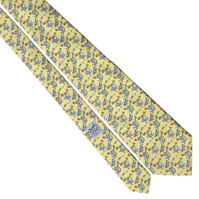 Hermes Men's Silk Tie Whimsical Monkey and Crocodile Pattern 7682 | Necktie Cravate