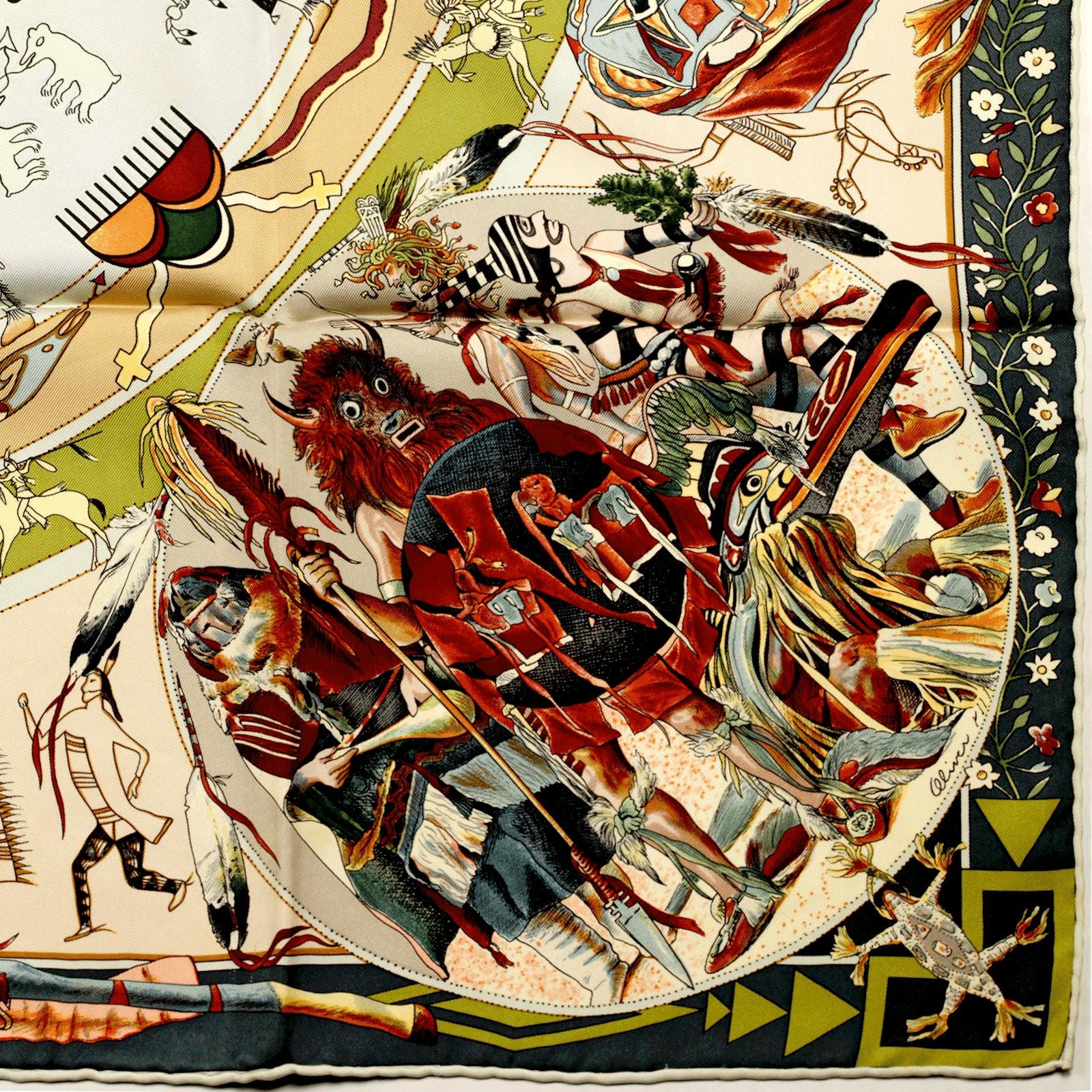 Hermes Scarf "Mythologies des Hommes Rouges" by Kermit Oliver 90cm Silk | GRAIL Carre Foulard