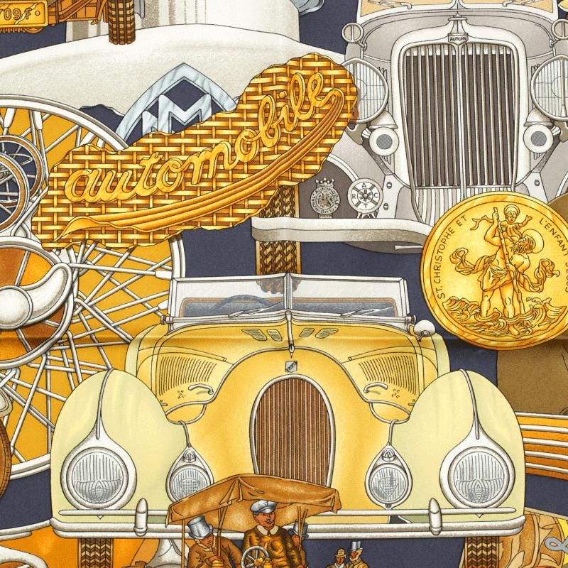 Hermes Scarf "Automobile" by Joachim Metz Vintage 90cm Silk