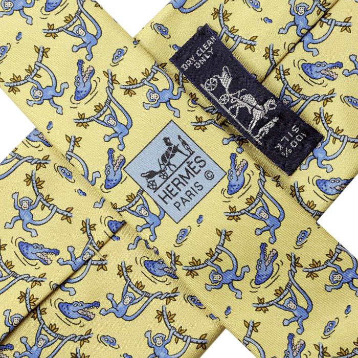 Hermes Men's Silk Tie Whimsical Monkey and Crocodile Pattern 7682 | Necktie Cravate