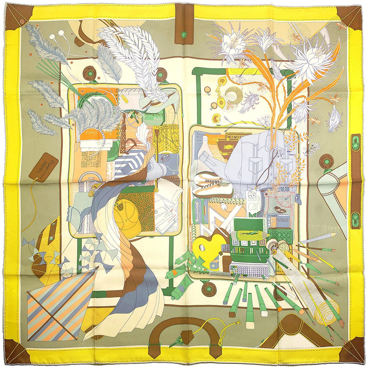 Hermes Scarf "Bagage a Main" by Rosa Maria Unda Souki 90cm Silk