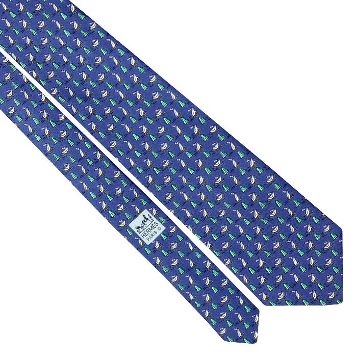 Hermes Men's Silk Tie Whimsical Skiing Penguins Pattern 5605 | Necktie Cravate