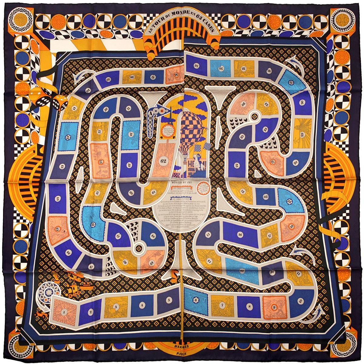 Hermes Scarf "Le Tour du Monde en 63 Cases" by Pierre Marie 90cm Silk | Carre Foulard