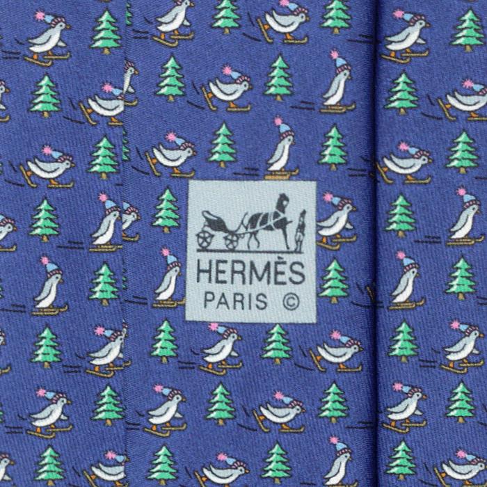 Hermes Men's Silk Tie Whimsical Skiing Penguins Pattern 5605 | Necktie Cravate