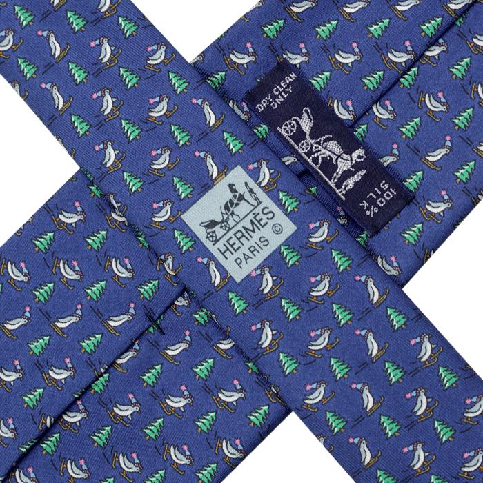 Hermes Men's Silk Tie Whimsical Skiing Penguins Pattern 5605 | Necktie Cravate