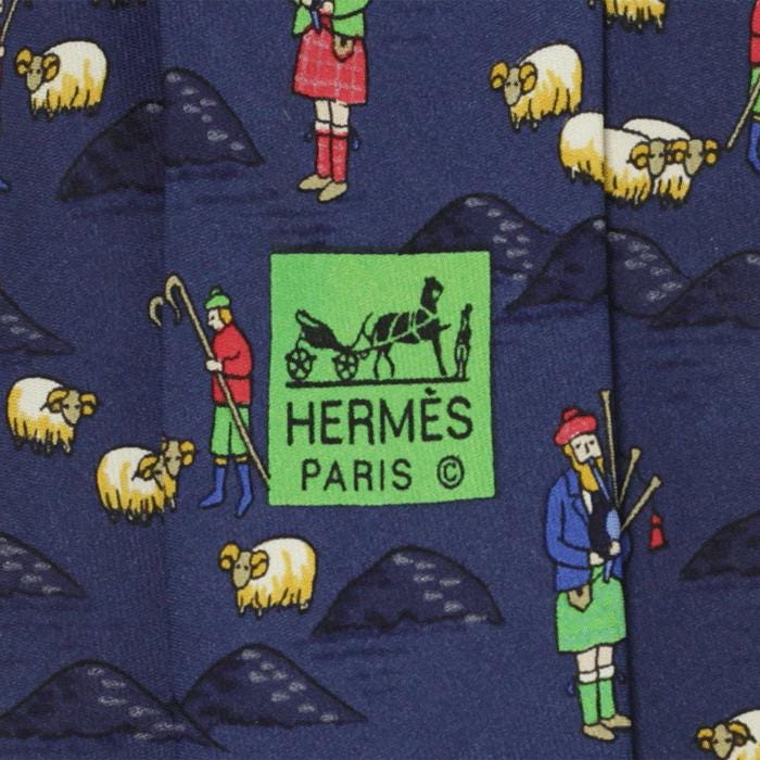 HERMES TIE Auth Mens Silk Necktie Whimsical Scottish Shepards Pattern 7549