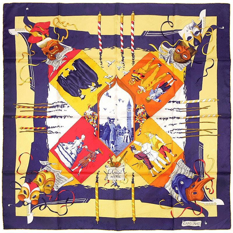 Hermes Scarf Jacquard "Le Carnaval de Venise" by Hubert de Watrigant 90cm Silk | Carre Foulard