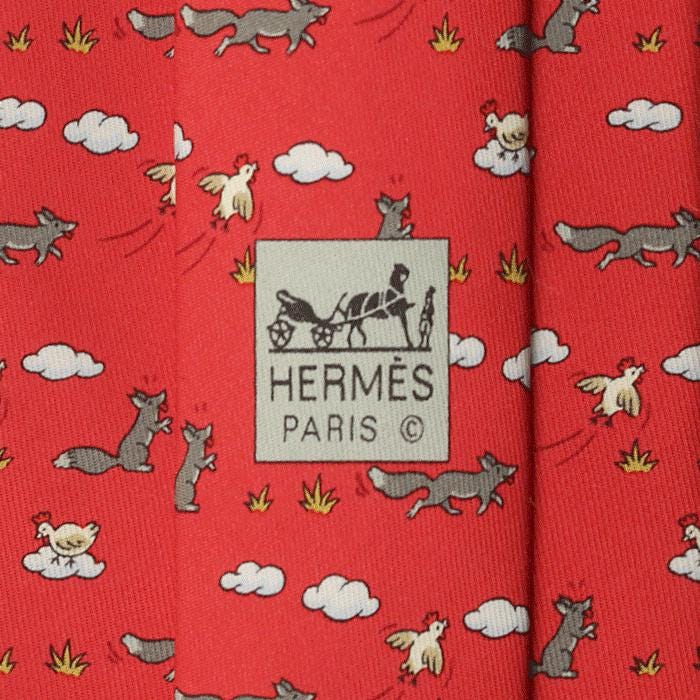 Hermes Men's Silk Tie Whimsical Fox and Hen Pattern 5064 | Necktie Cravate