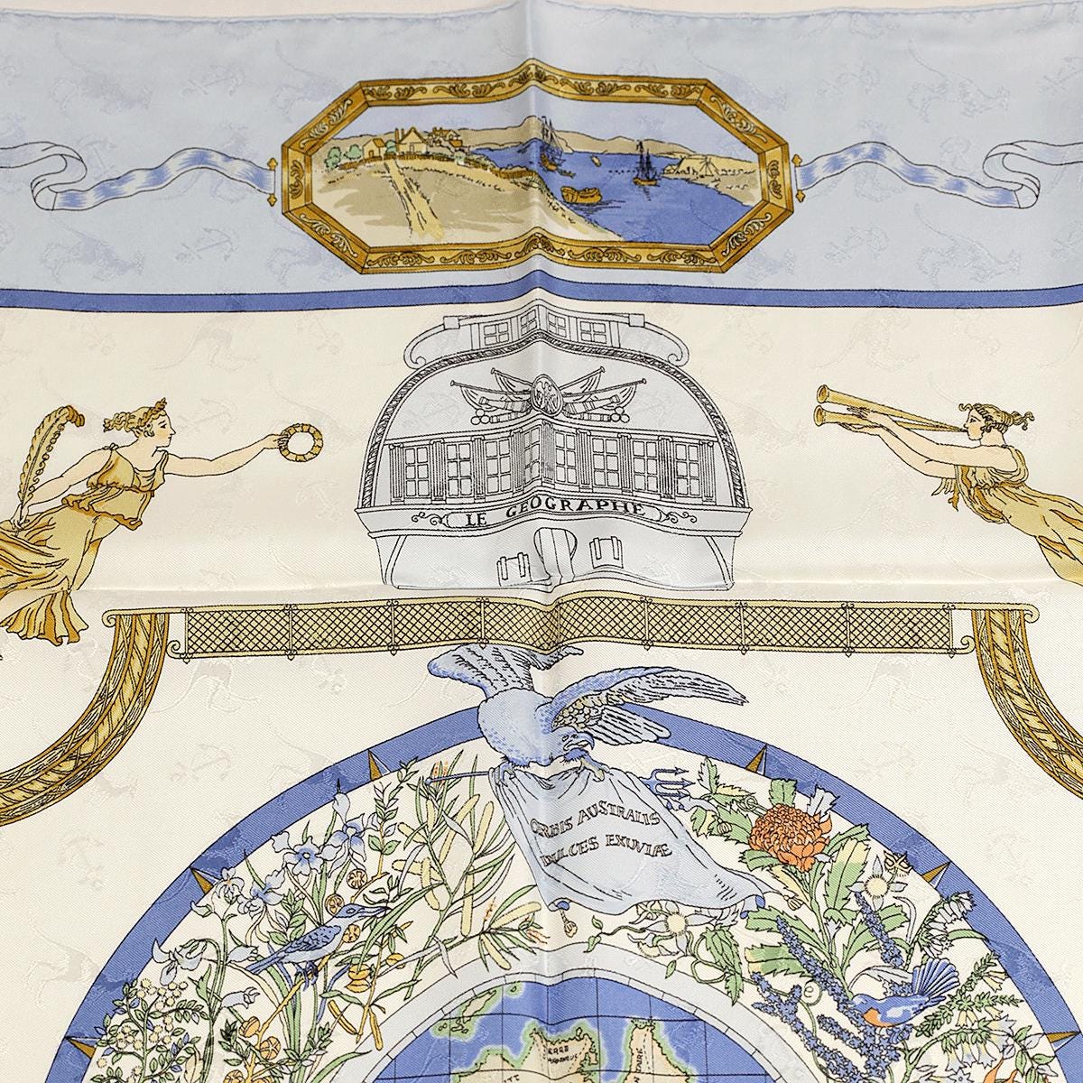 Hermes Scarf "Le Geographe" by Sandra Laroche Vintage 90cm Silk Jacquard | Carre Foulard