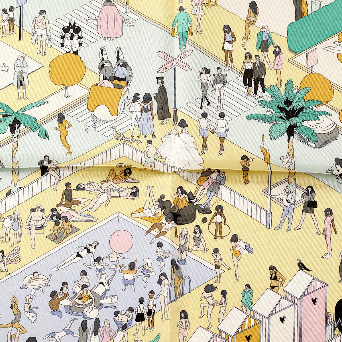 Hermes Scarf "On the Beach" by Ugo Bienvenu 90cm Silk