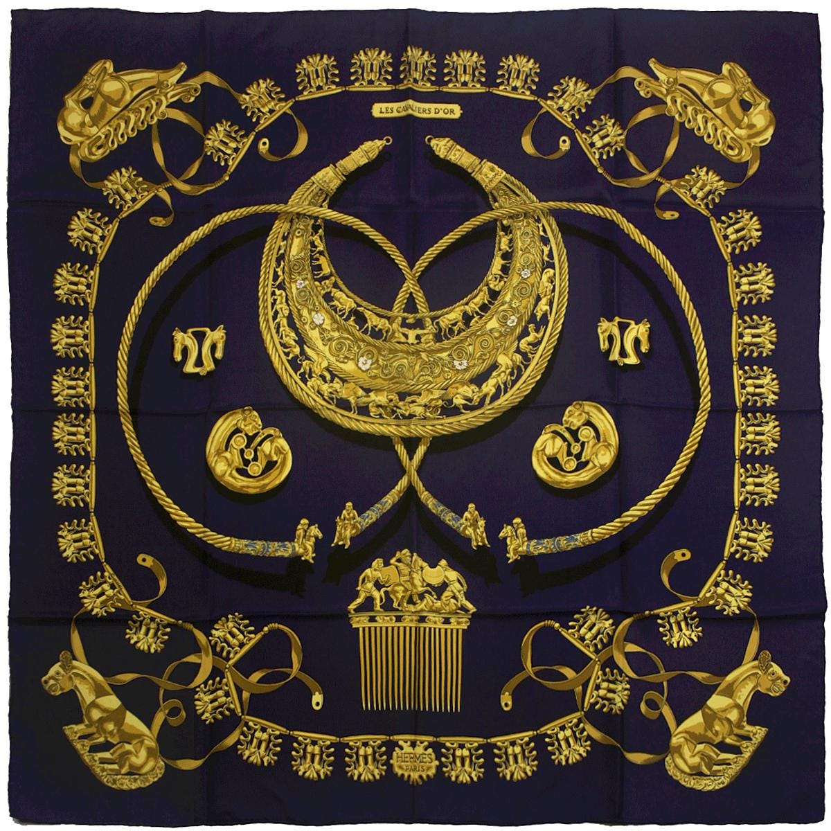 Hermes Scarf "Cavaliers d'Or" by Vladimir Rybaltchenko Vintage 90cm Silk