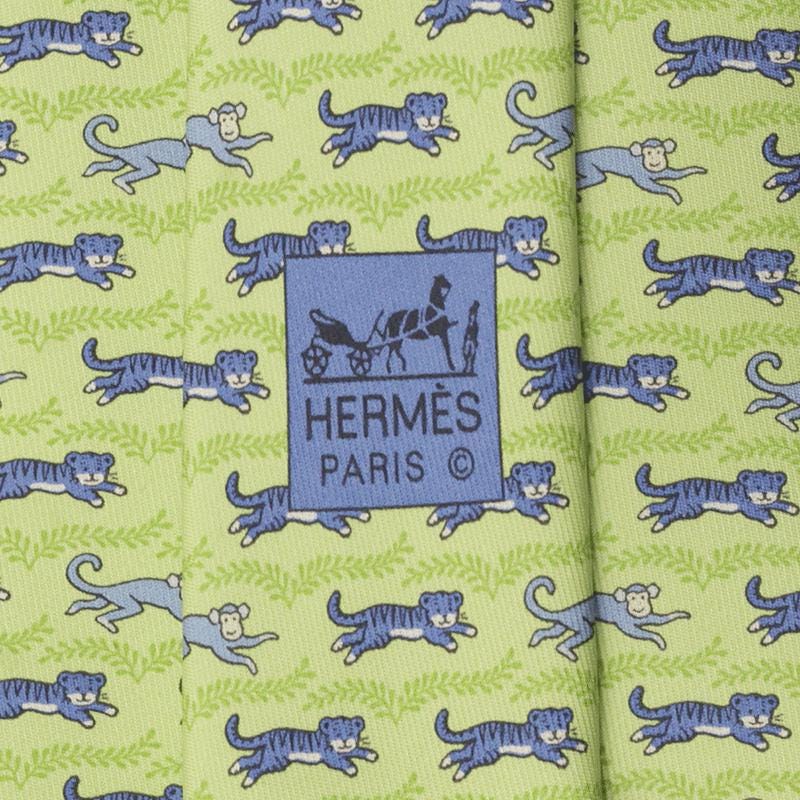 Hermes Men's Silk Tie Whimsical Tiger and Monkey Pattern 5382 | Necktie Cravate
