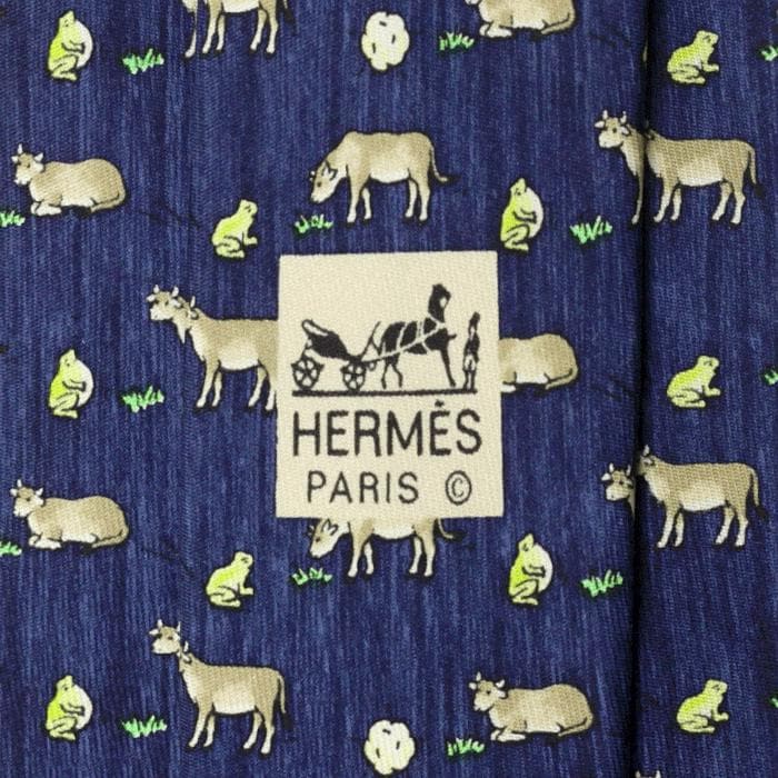 Hermes Men's Silk Tie Whimsical Cows and Frogs Pattern 7893 | Necktie Cravate