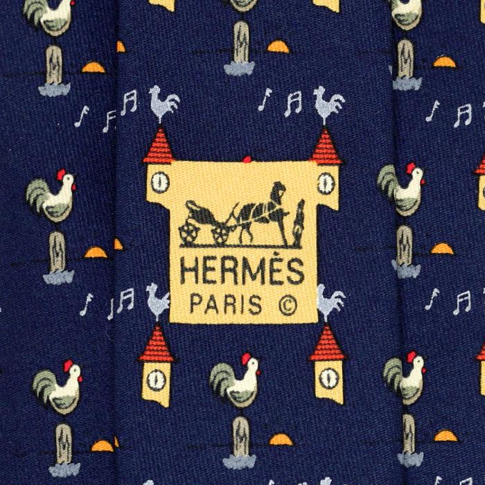 Hermes Men's Silk Tie Whimsical Roosters and Clocks Pattern 7871