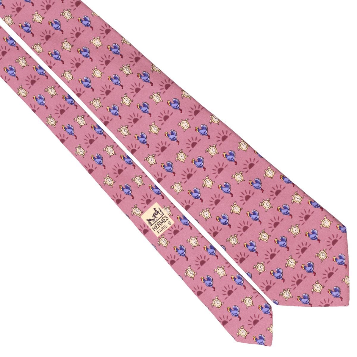 Hermes Men's Silk Tie Roosters and Clocks Pattern 7566 | Necktie Cravate
