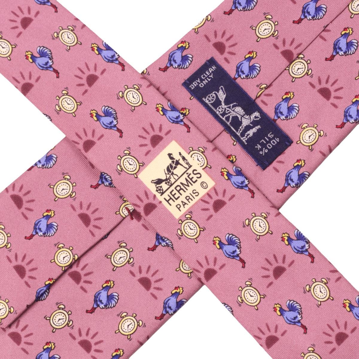 Hermes Men's Silk Tie Roosters and Clocks Pattern 7566 | Necktie Cravate