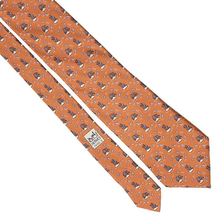 Hermes Men's Silk Tie Whimsical Bears and Fish Pattern 5002 | Necktie Cravate