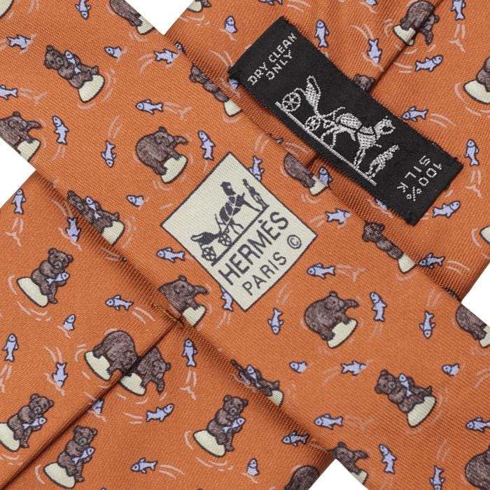 Hermes Men's Silk Tie Whimsical Bears and Fish Pattern 5002 | Necktie Cravate