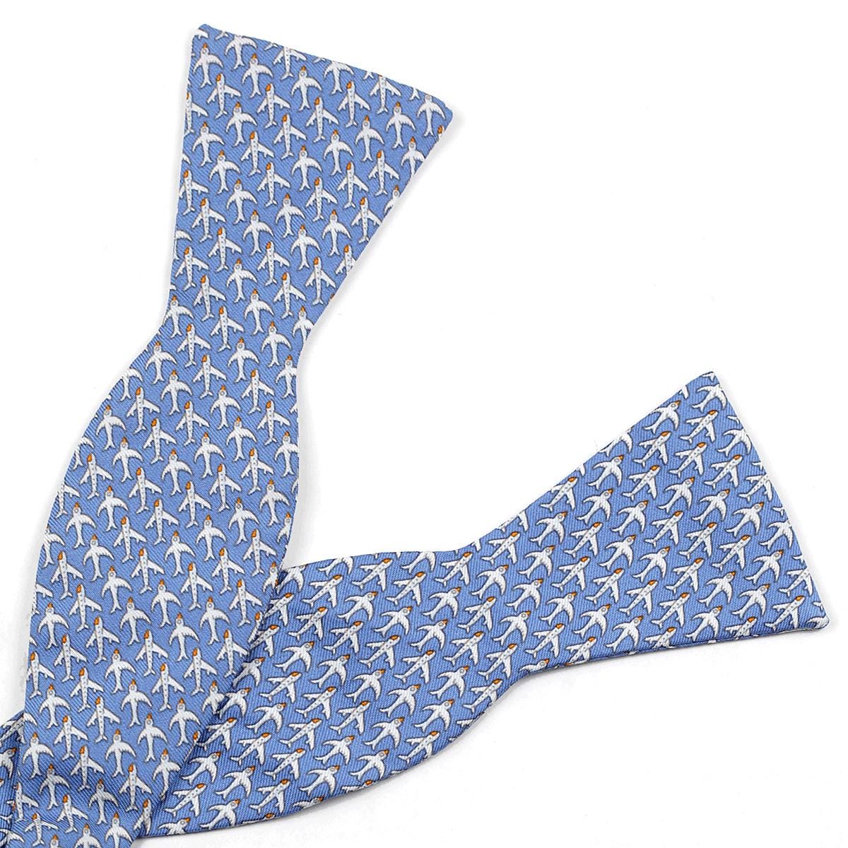 Hermes Men's Silk Bowtie Whimsical Airplanes and Birds Pattern | Necktie Cravate Bow Tie