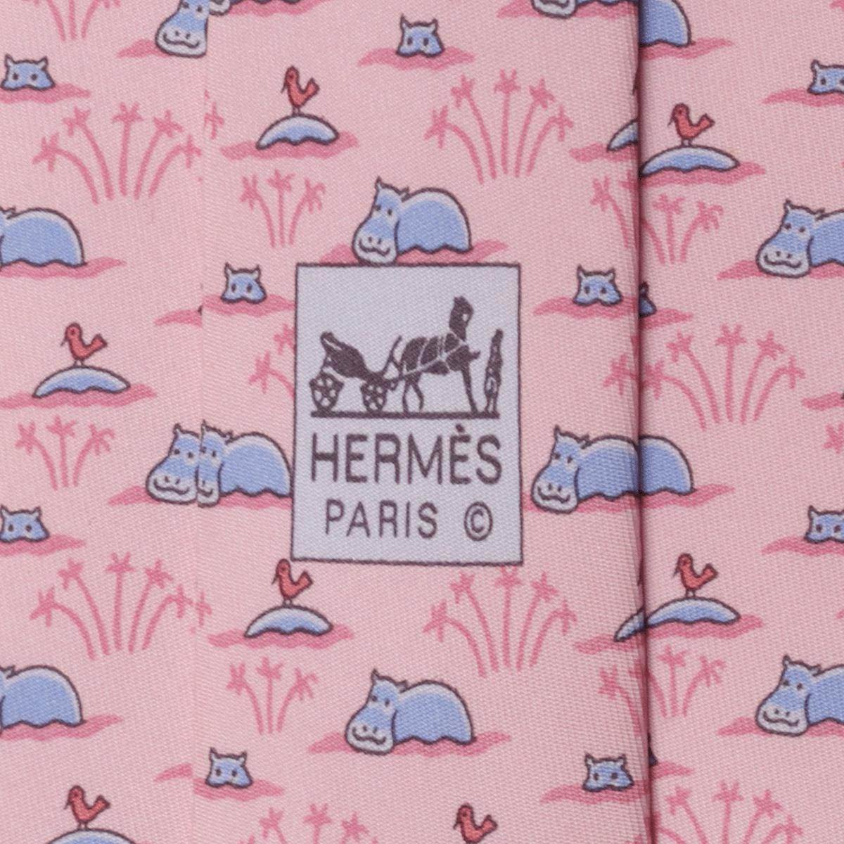 Hermes Men's Silk Tie Whimsical Hippos Pattern 5271 | Necktie Cravate