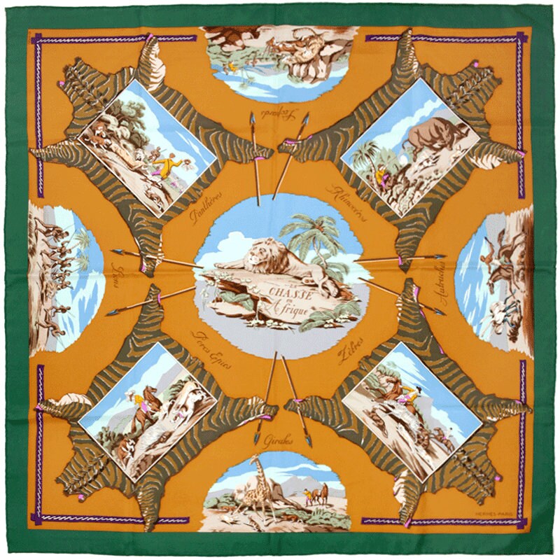 Hermes Scarf "Chasse en Afrique" by Hugo Grygkar 90cm Silk | Foulard Carre Grail