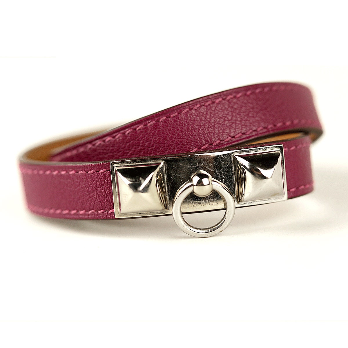 Hermes Bracelet Rivale Double Tour Calfskin Leather Palladium Silver Hardware