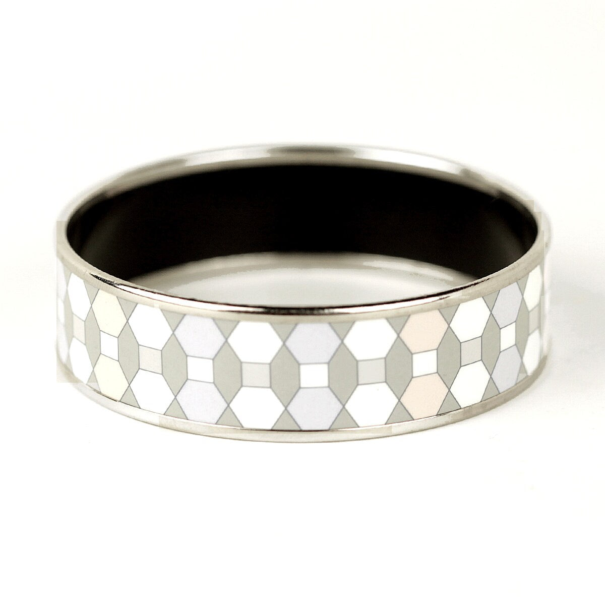 Hermes Bracelet 65 Wide Enamel Palladium Silver Geometric Pattern | Bangle SHW