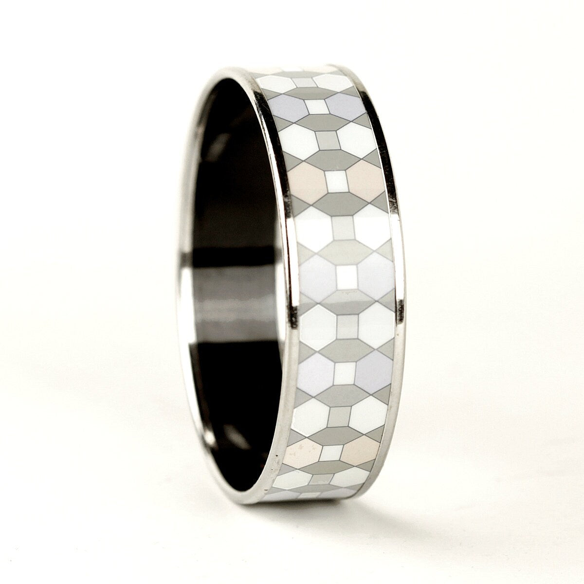 Hermes Bracelet 65 Wide Enamel Palladium Silver Geometric Pattern | Bangle SHW