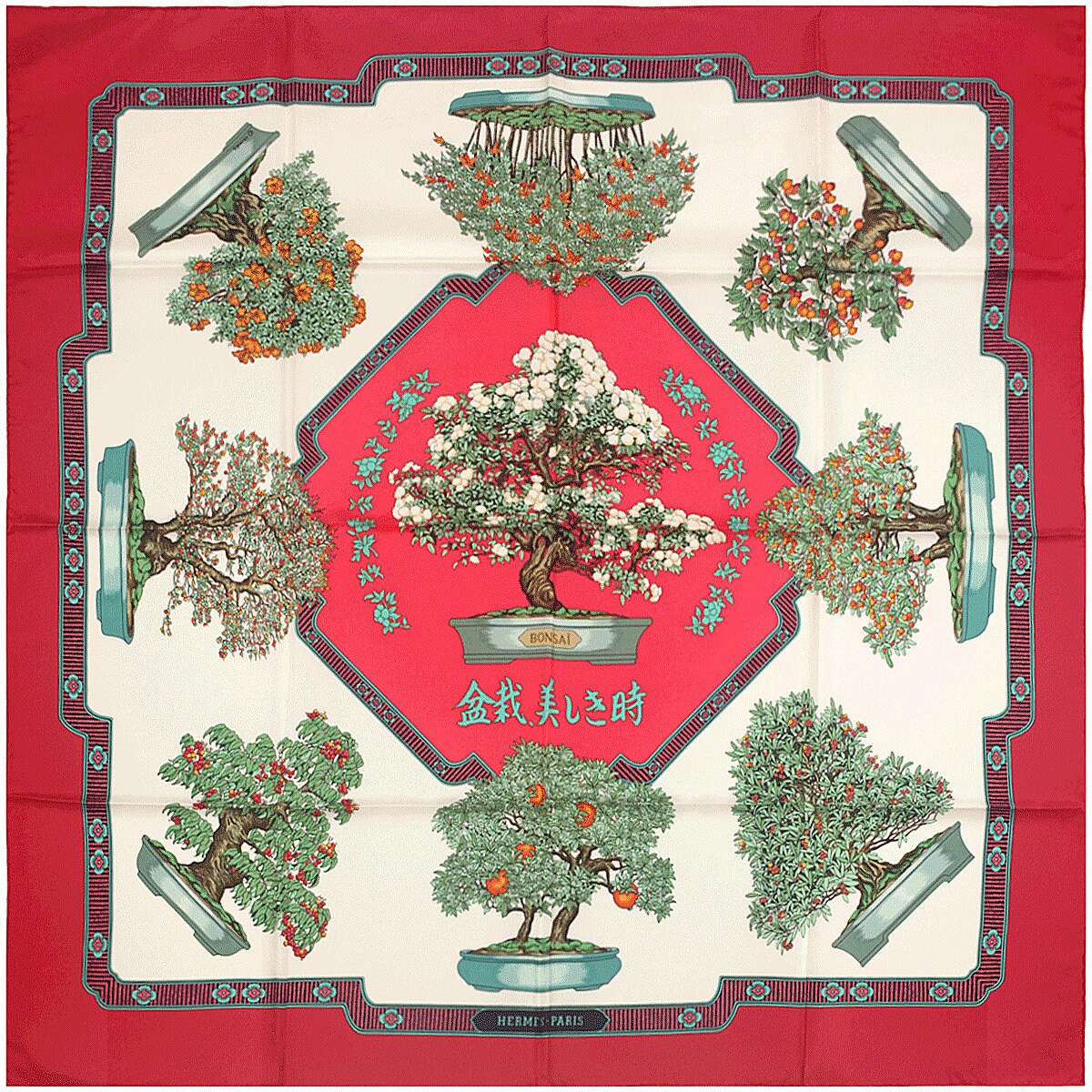 Hermes Scarf "Les Beaux Jours de Bonsai" by Catherine Baschet 90cm Silk | Carre Foulard