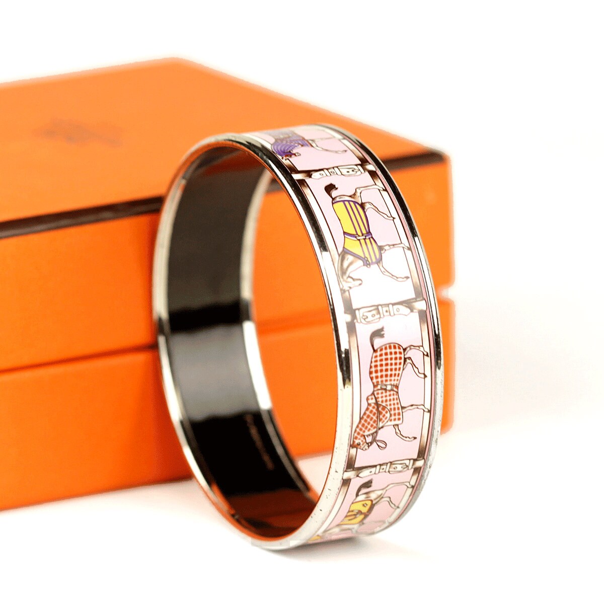 Hermes Bracelet 65 Wide Enamel Palladium Silver Couvertures et Tenues | Bangle SHW