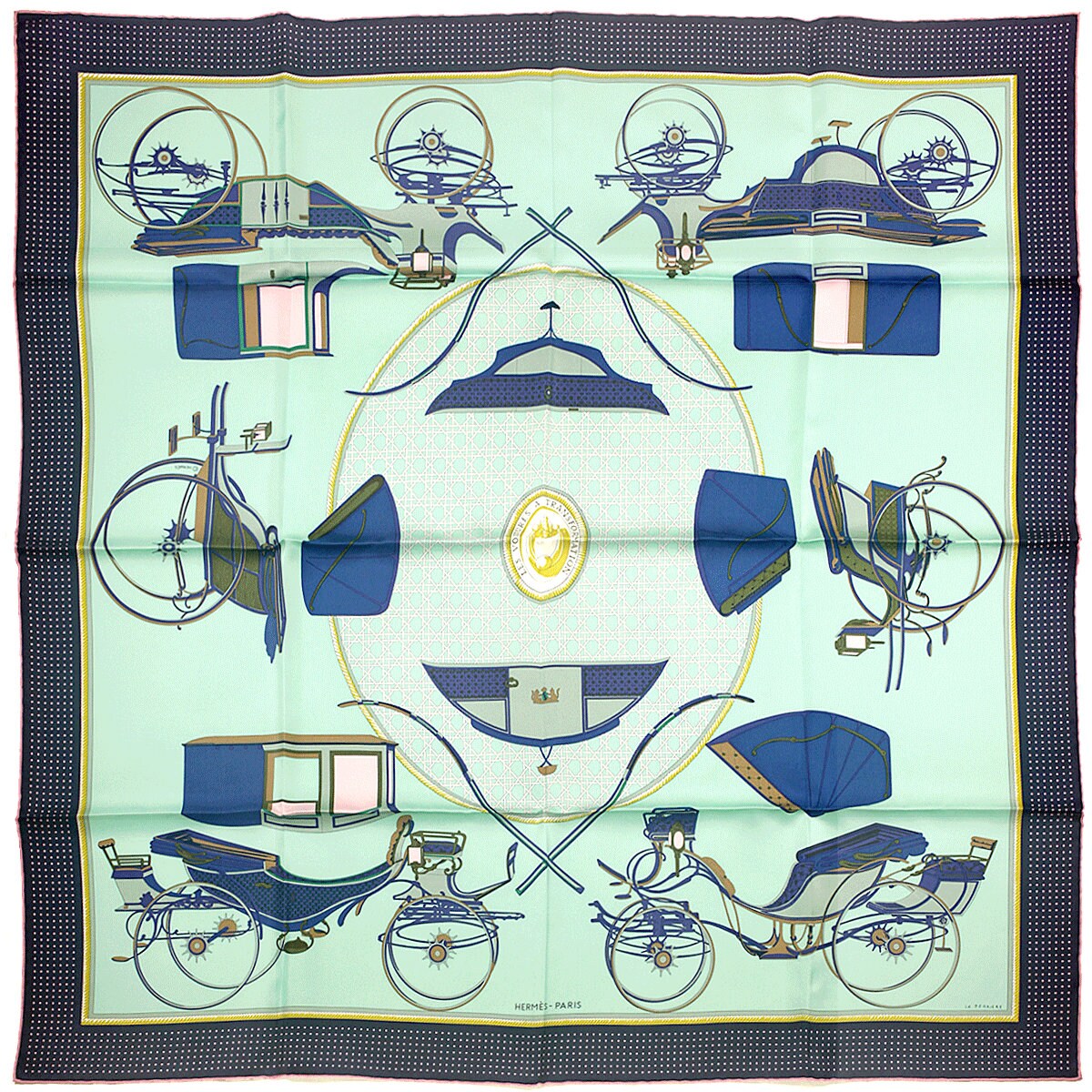 HERMES SCARF Silk "Les Voitures a Transformation" by Françoise De La Perriere Vintage 90cm Carre 100% Auth