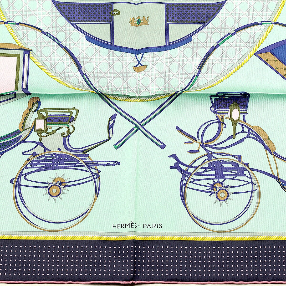 HERMES SCARF Silk "Les Voitures a Transformation" by Françoise De La Perriere Vintage 90cm Carre 100% Auth