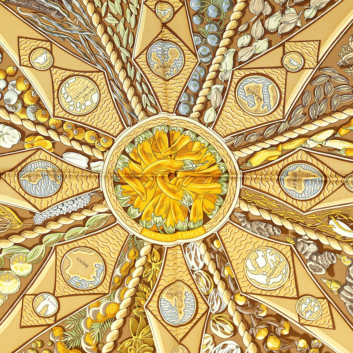 Hermes Scarf "Aux Pays de Epices" by Annie Faivre 90cm Silk