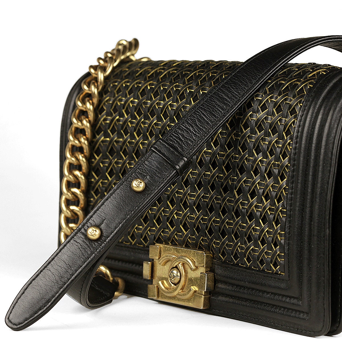 Chanel Boy Bag Medium Black Braided Sheepskin Gold Hardware