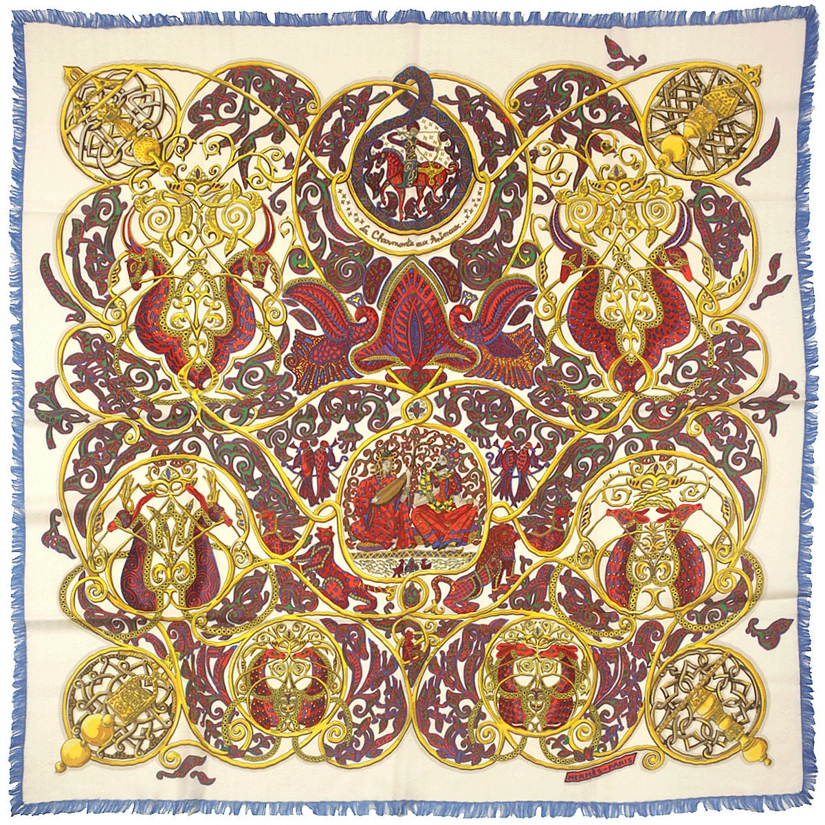 Hermes Scarf "Charmante Animaux" by Annie Faivre 90cm Cashmere Frange | Carre Foulard Rare