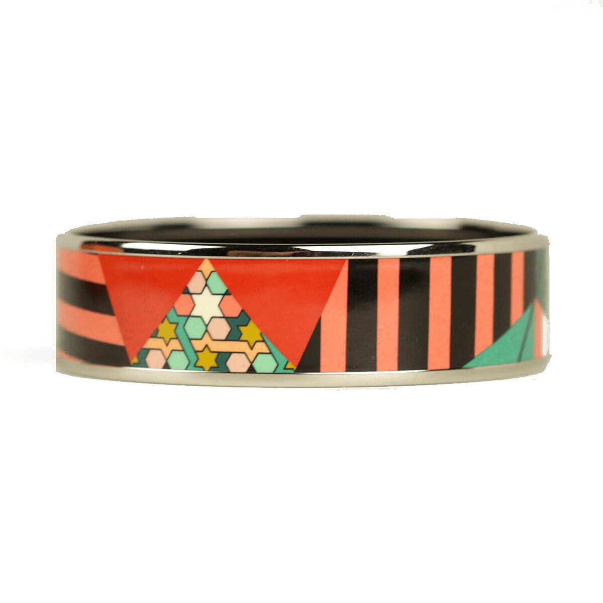 Hermes Bracelet 65 Wide Enamel Palladium Silver Modern Geometric Pattern | Bangle SHW