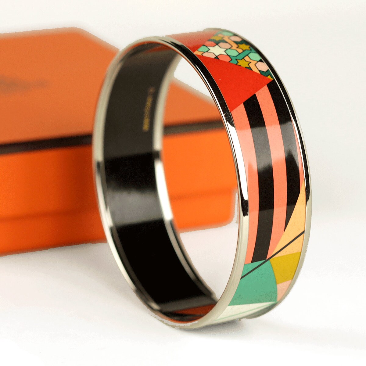 Hermes Bracelet 65 Wide Enamel Palladium Silver Modern Geometric Pattern | Bangle SHW