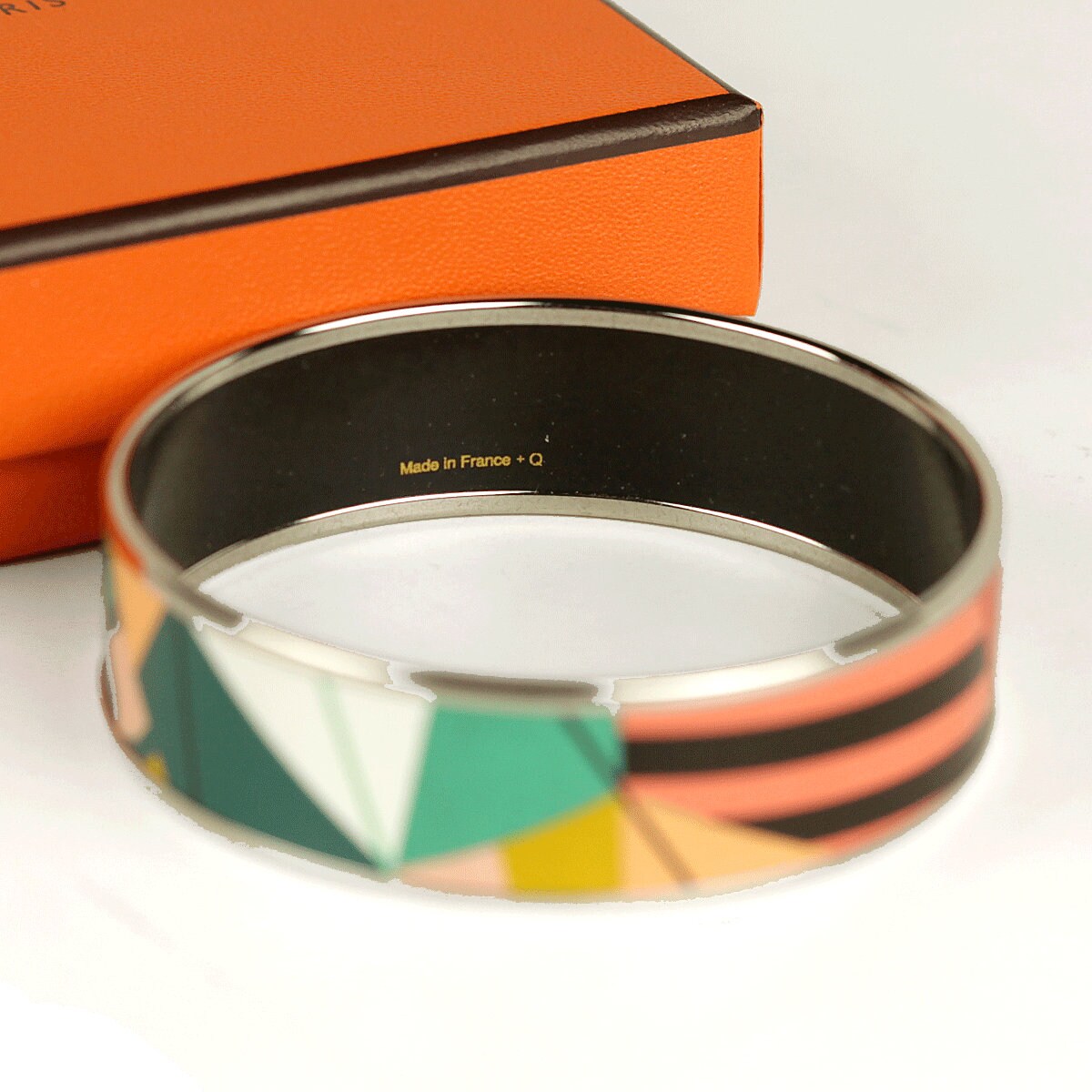 Hermes Bracelet 65 Wide Enamel Palladium Silver Modern Geometric Pattern | Bangle SHW