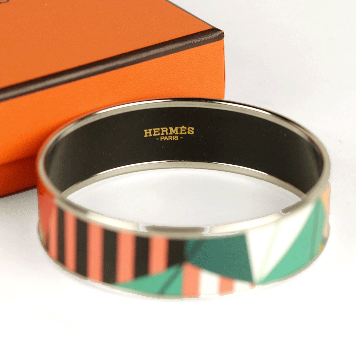 Hermes Bracelet 65 Wide Enamel Palladium Silver Modern Geometric Pattern | Bangle SHW