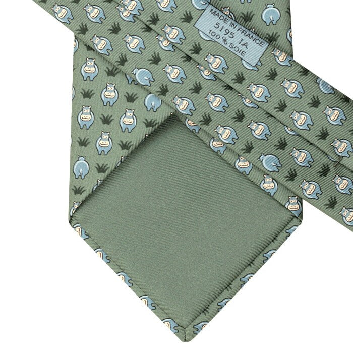 Hermes Men's Silk Tie Whimsical Hippos Pattern 5195 | Necktie Cravate