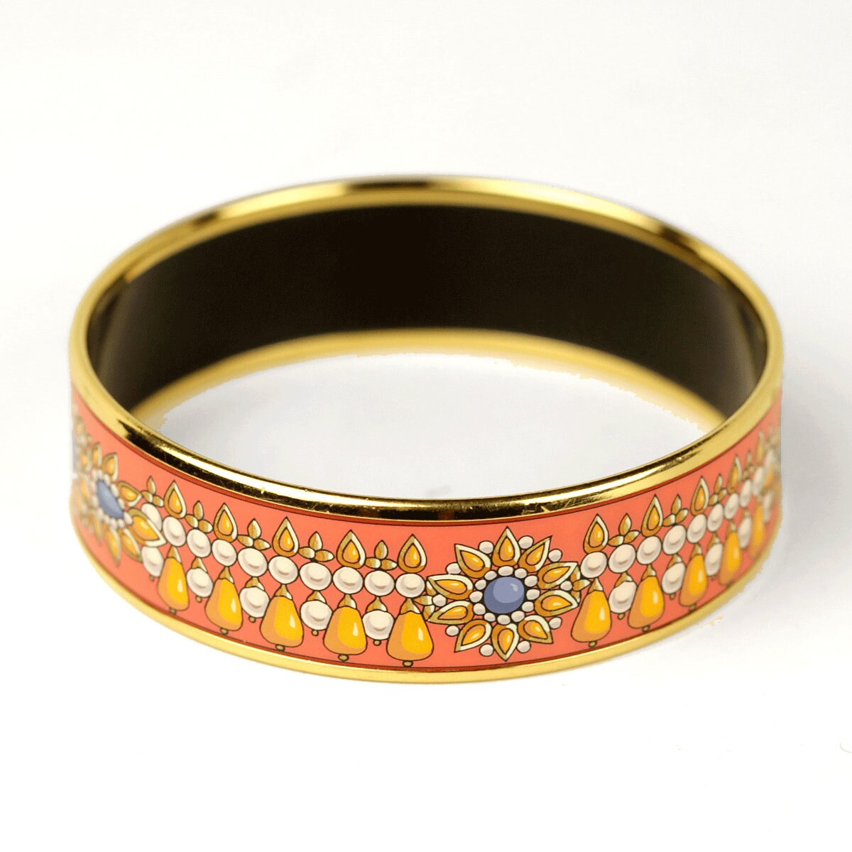 Hermes Bracelet 65 Wide Gold Enamel Jewels Pattern | Bangle GHW