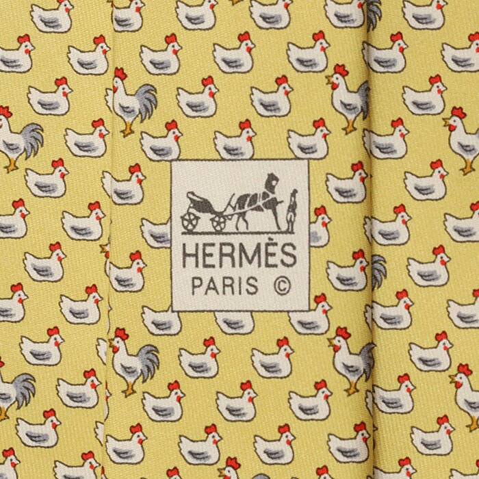 Hermes Men's Silk Tie Whimsical Chicken and Rooster Pattern 5267 | Necktie Cravate