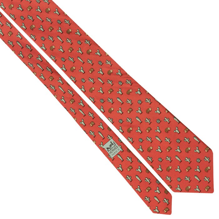 Hermes Men's Silk Tie Whimsical Porcupine and Cactus Pattern 7988 | Necktie Cravate