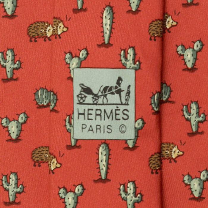 Hermes Men's Silk Tie Whimsical Porcupine and Cactus Pattern 7988 | Necktie Cravate