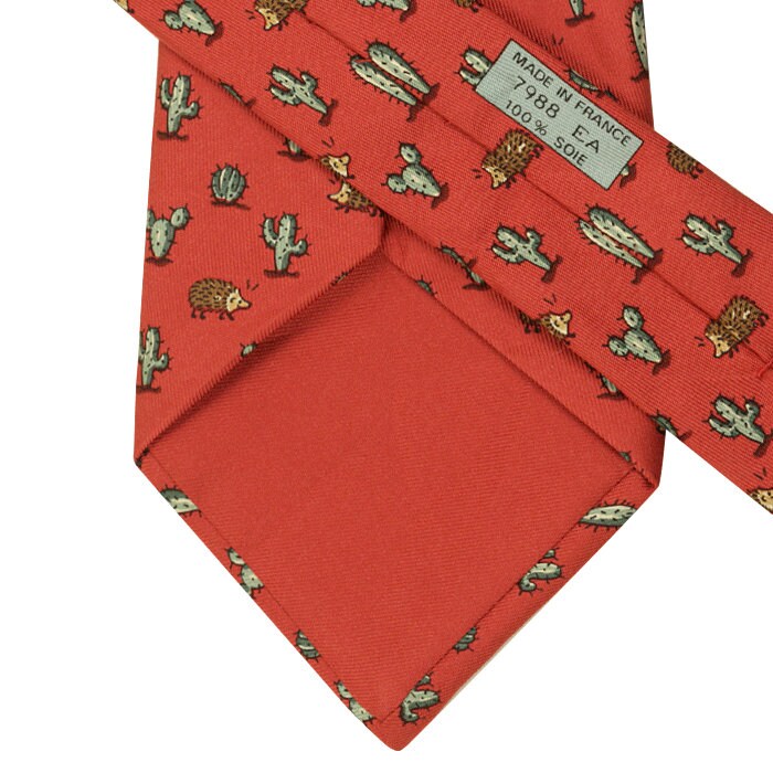 Hermes Men's Silk Tie Whimsical Porcupine and Cactus Pattern 7988 | Necktie Cravate